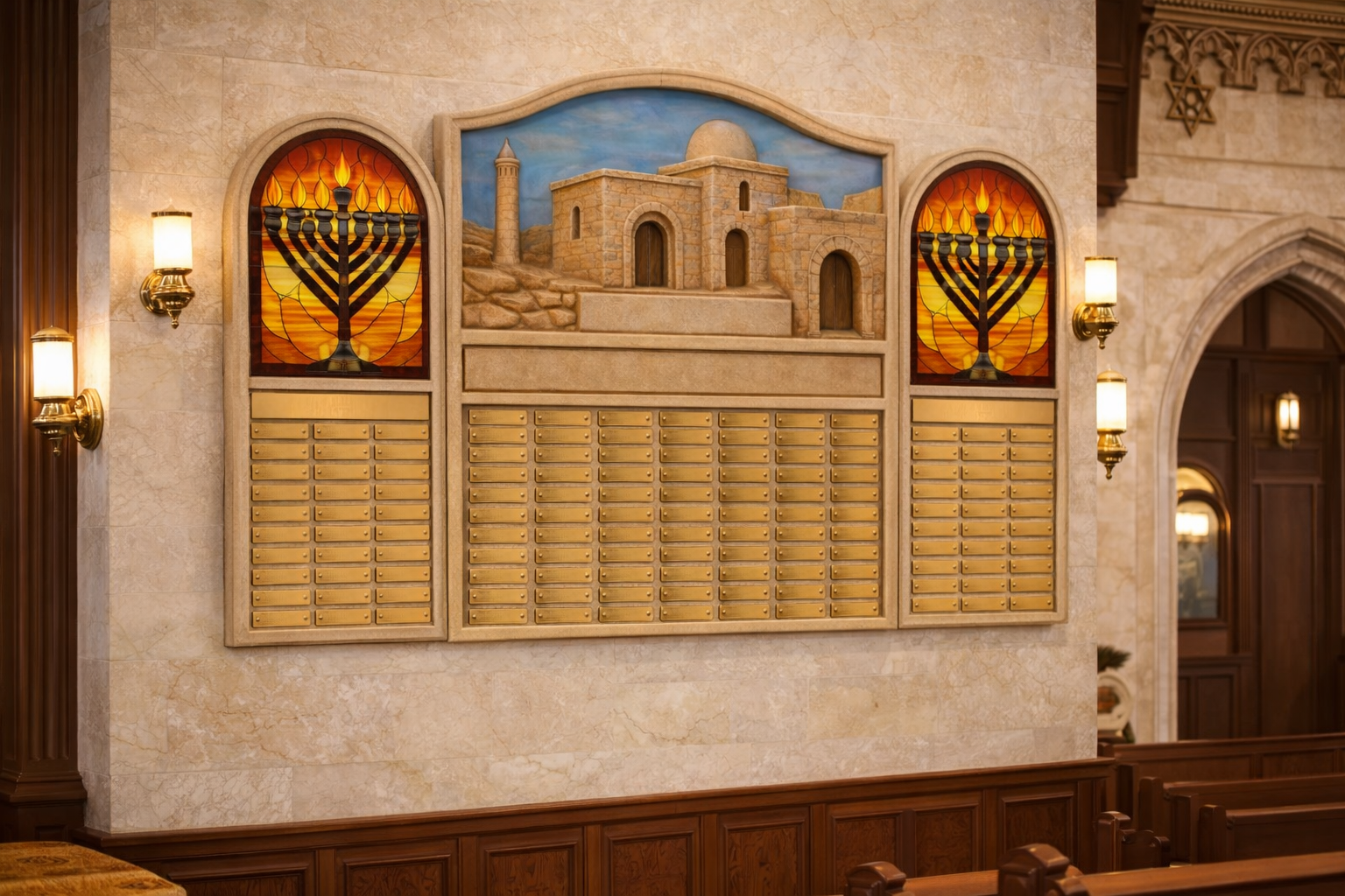 Yahrzeit memorial board with stained glass